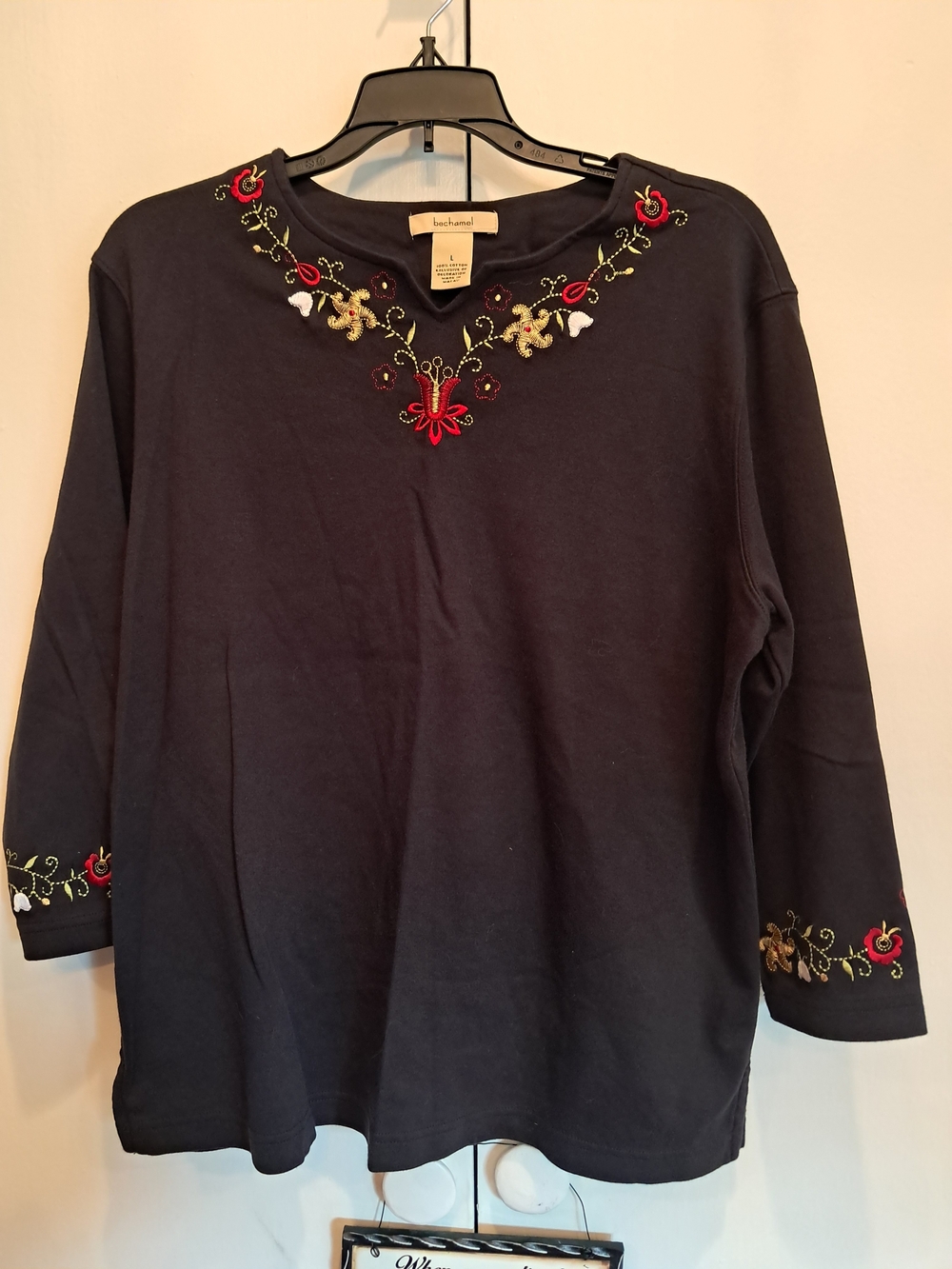 Bechamel Black Long Sleeve Top with Red & Gold Floral Embroidery